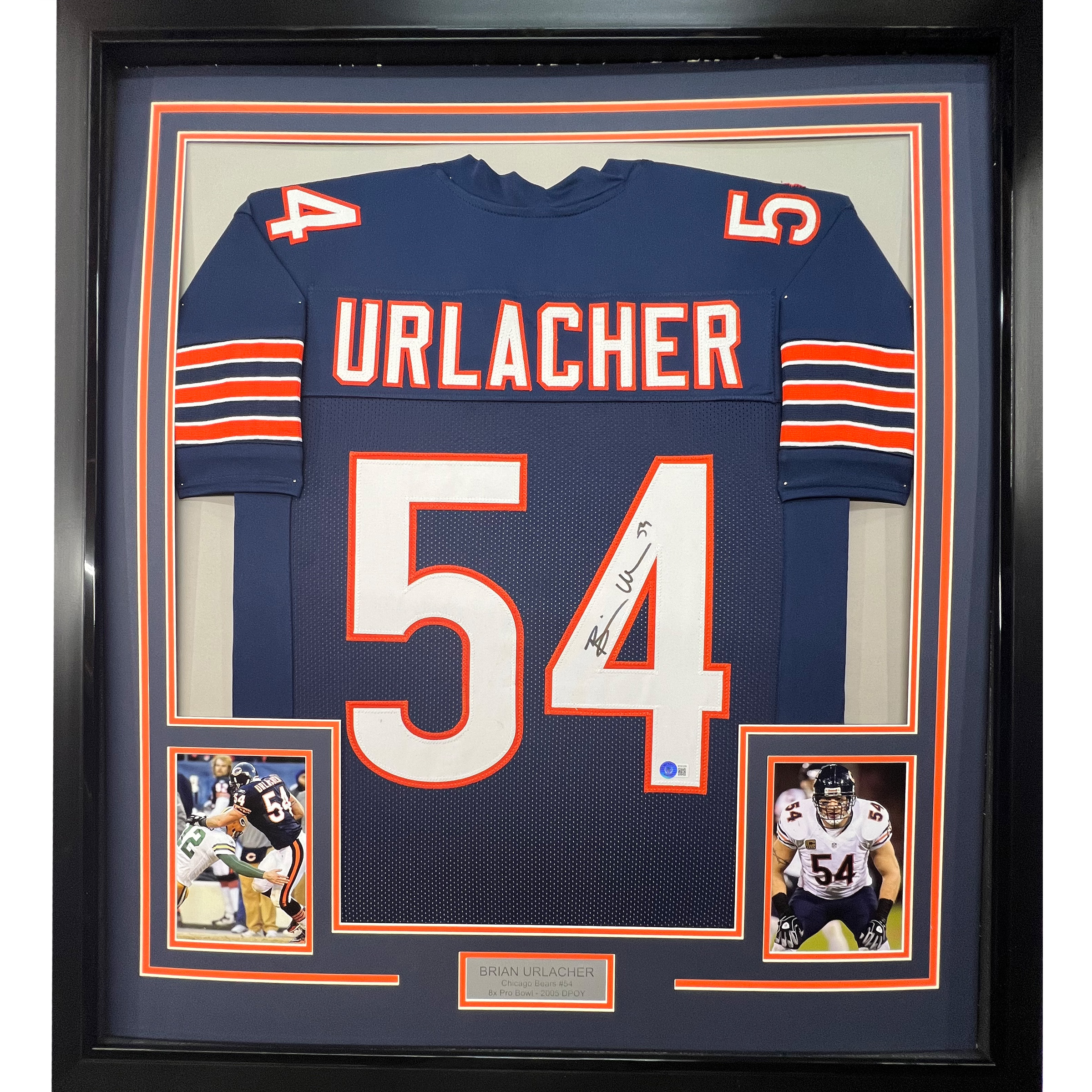 Framed Autographed/Signed Brian Urlacher 35x39 Chicago Bears Blue Football Jersey Beckett BAS COA