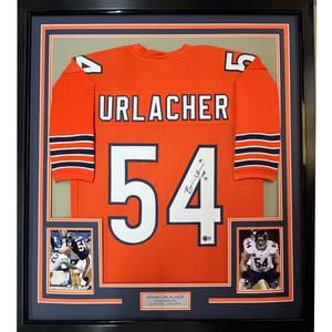 Framed Autographed/Signed Brian Urlacher 35x39 HOF 18 Chicago Orange Football Jersey Beckett BAS COA