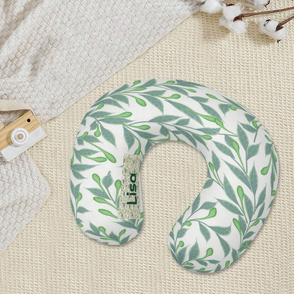 Personalized Botanical Leaf Travel Neck Pillow | Custom Name Gift