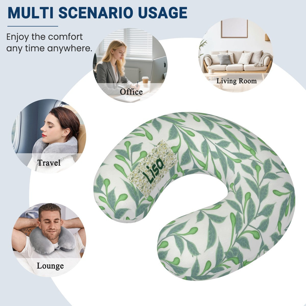 Personalized Botanical Leaf Travel Neck Pillow | Custom Name Gift