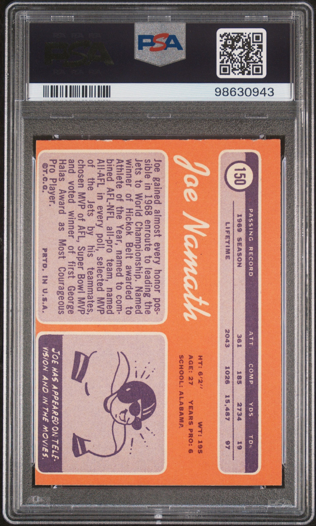 Graded 1970 Topps Joe Namath #150 Football Card PSA 8 NM-MT