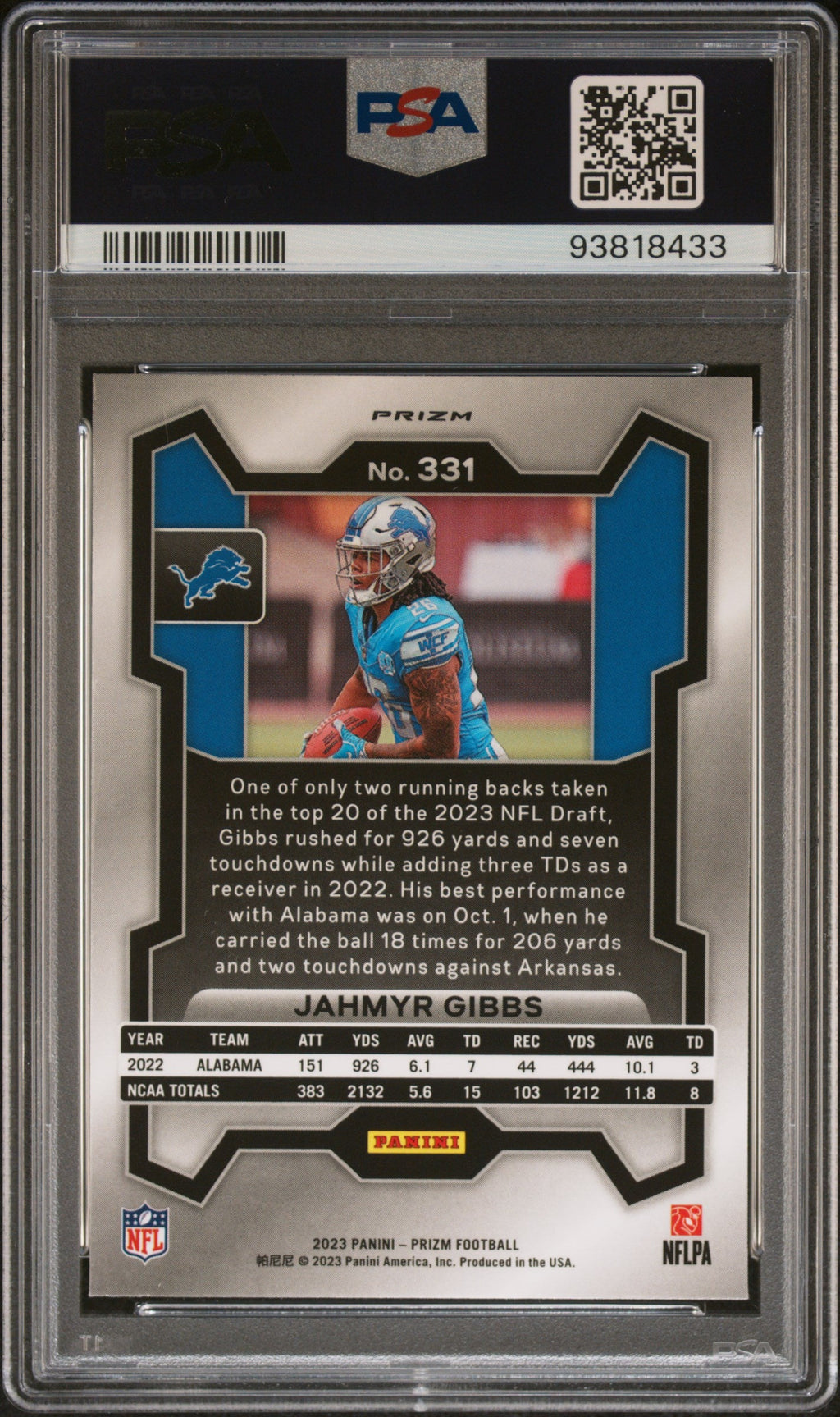 Graded 2023 Panini Prizm Jahmyr Gibbs #331 Red/White/Blue Prizm Rookie RC Football Card PSA 10 Gem Mint