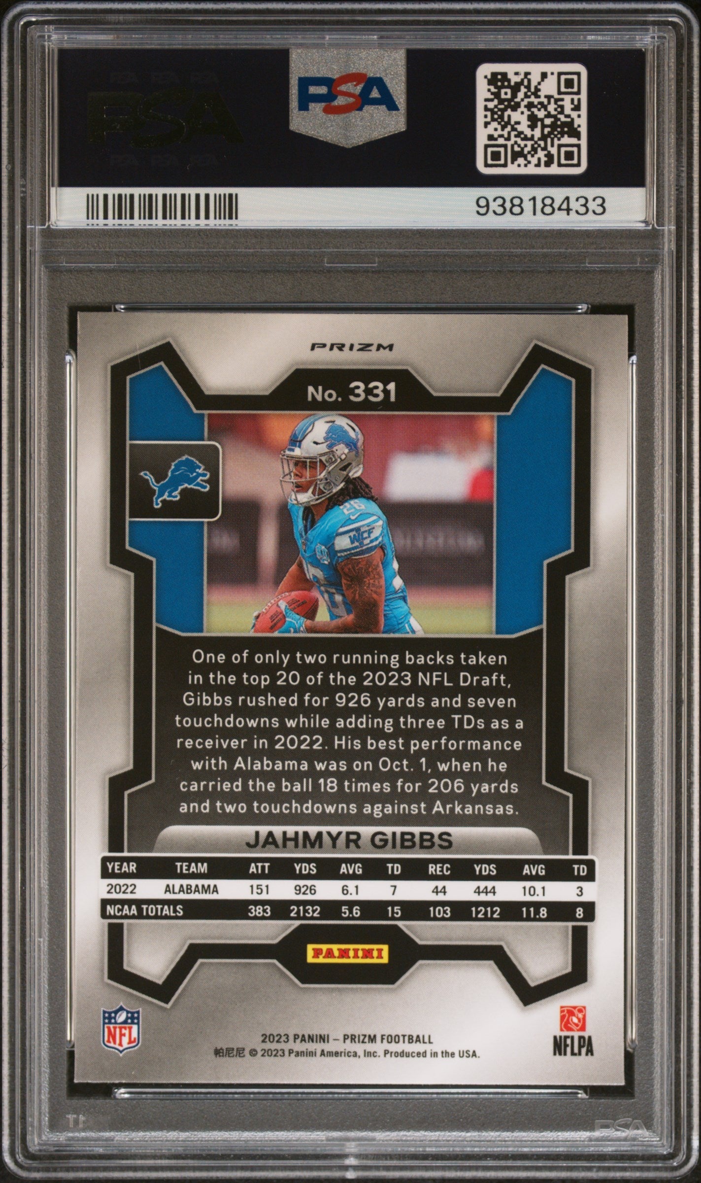 Graded 2023 Panini Prizm Jahmyr Gibbs #331 Red/White/Blue Prizm Rookie RC Football Card PSA 10 Gem Mint