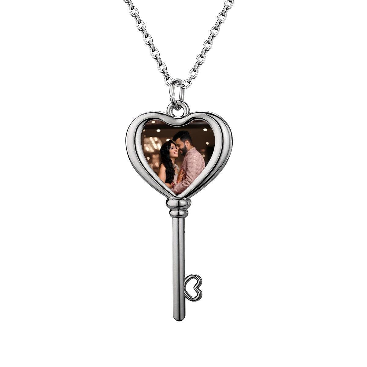 Custom Photo Heart Key Necklace – Personalized Key & Heart Pendant | Upload Your Photo