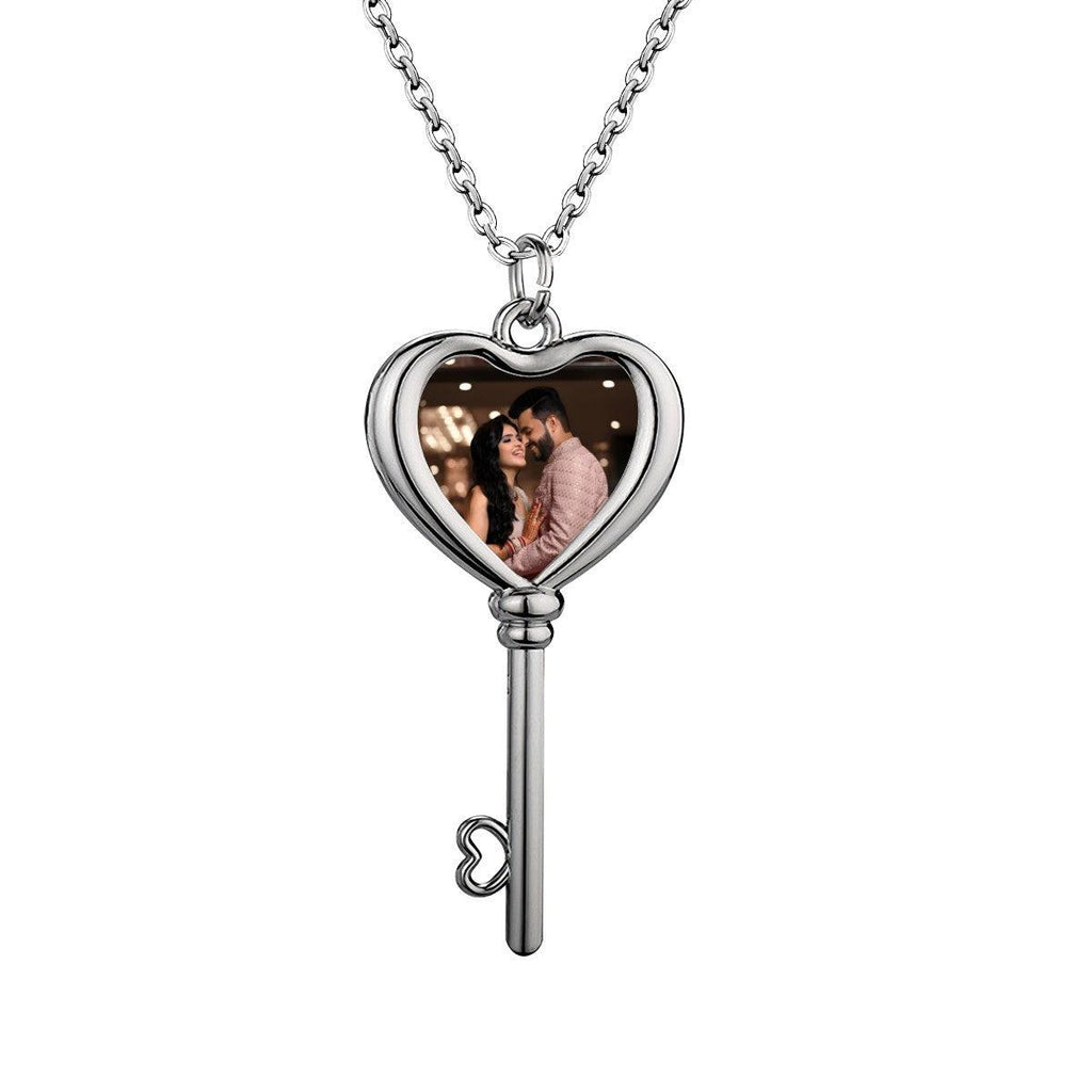 Custom Photo Heart Key Necklace – Personalized Key & Heart Pendant | Upload Your Photo