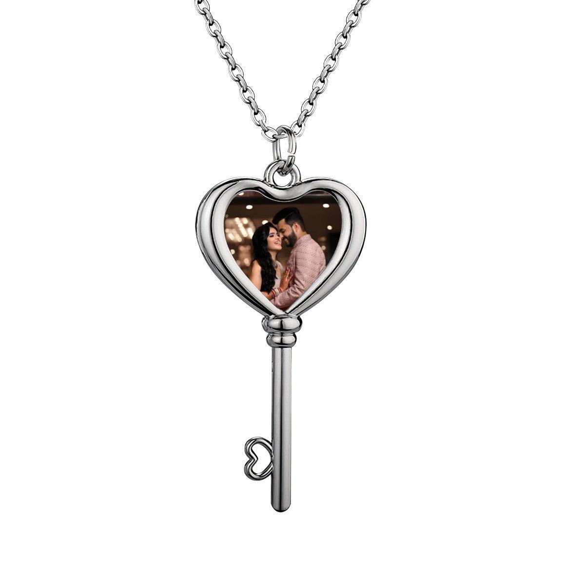 Custom Photo Heart Key Necklace – Personalized Key & Heart Pendant | Upload Your Photo