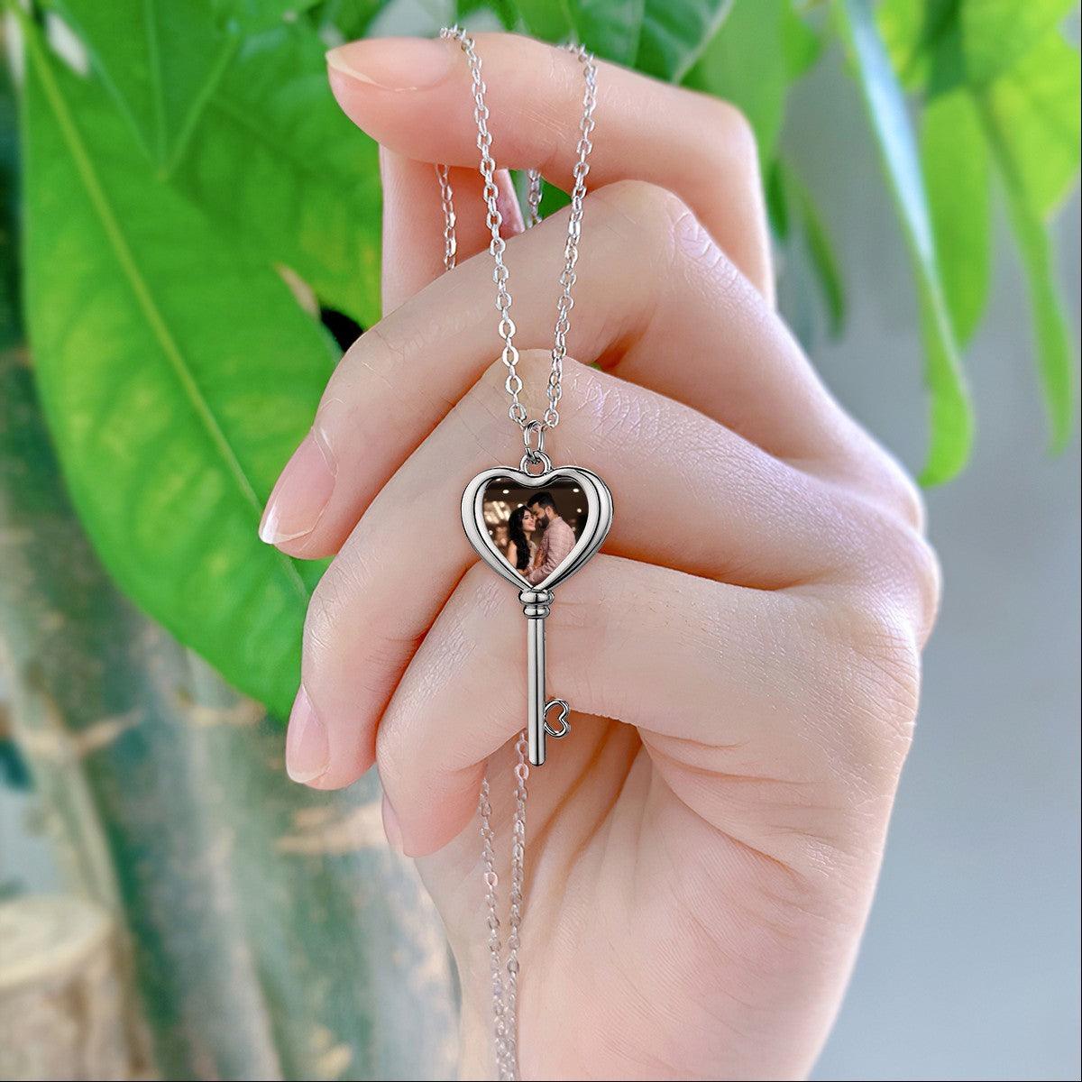 Custom Photo Heart Key Necklace – Personalized Key & Heart Pendant | Upload Your Photo