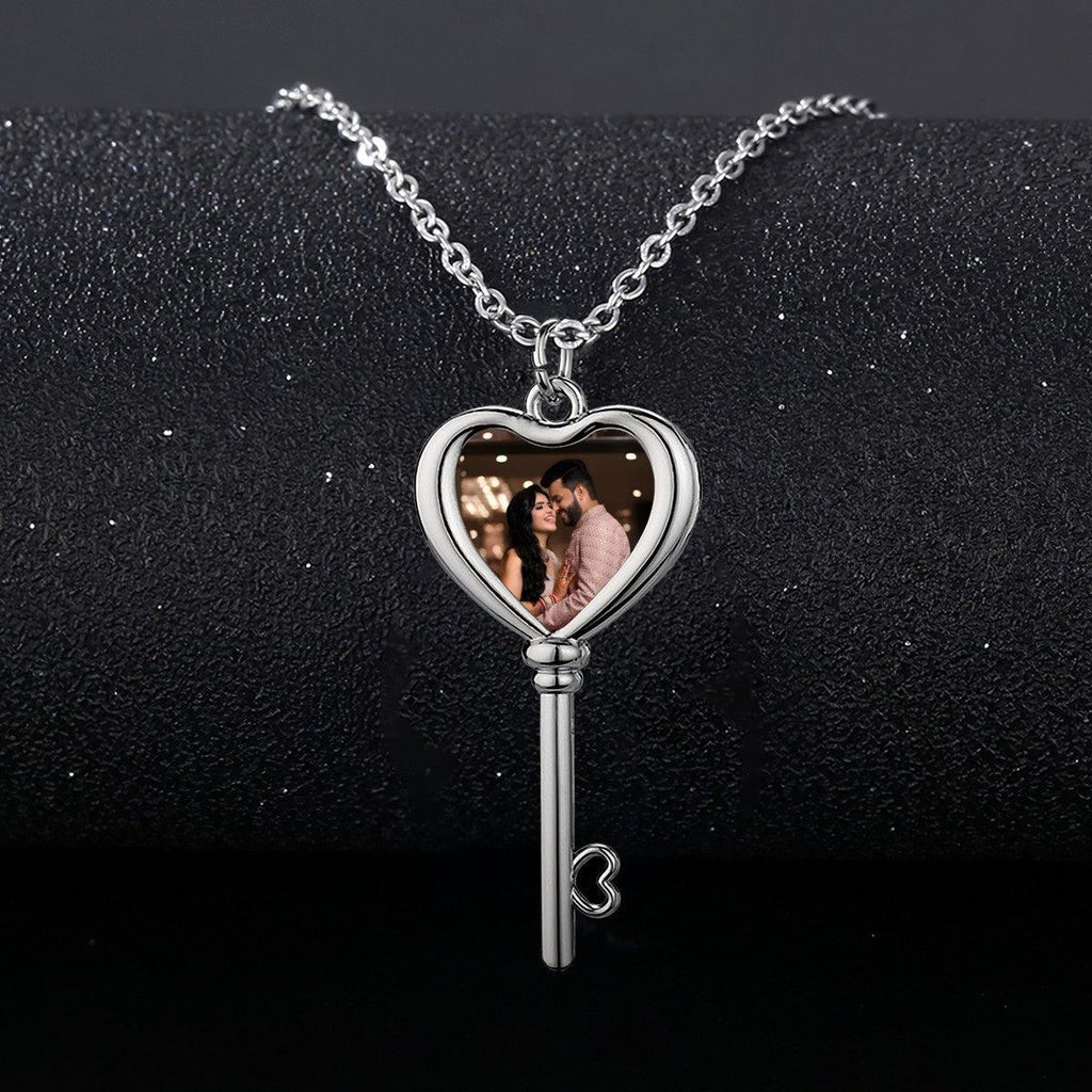 Custom Photo Heart Key Necklace – Personalized Key & Heart Pendant | Upload Your Photo