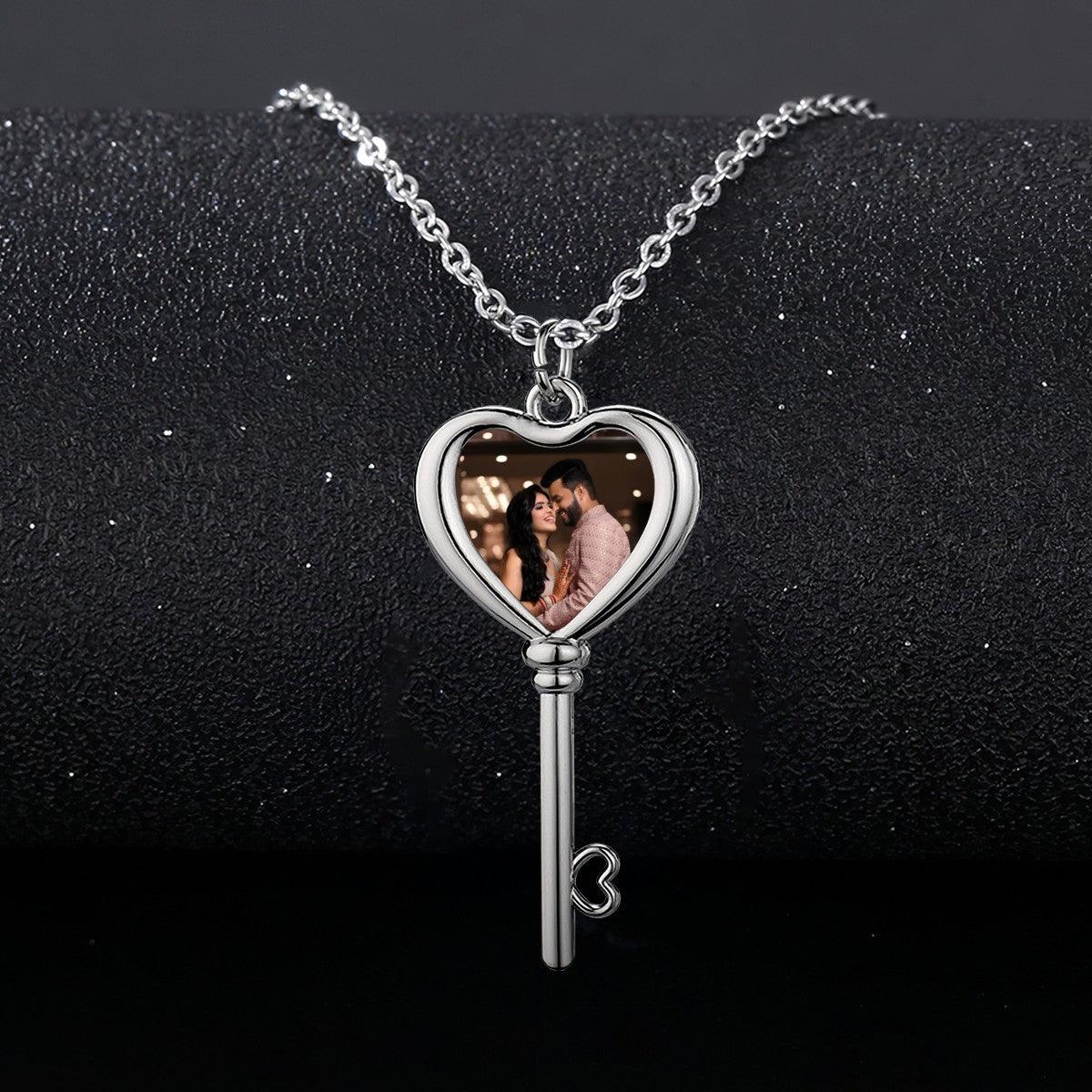 Custom Photo Heart Key Necklace – Personalized Key & Heart Pendant | Upload Your Photo