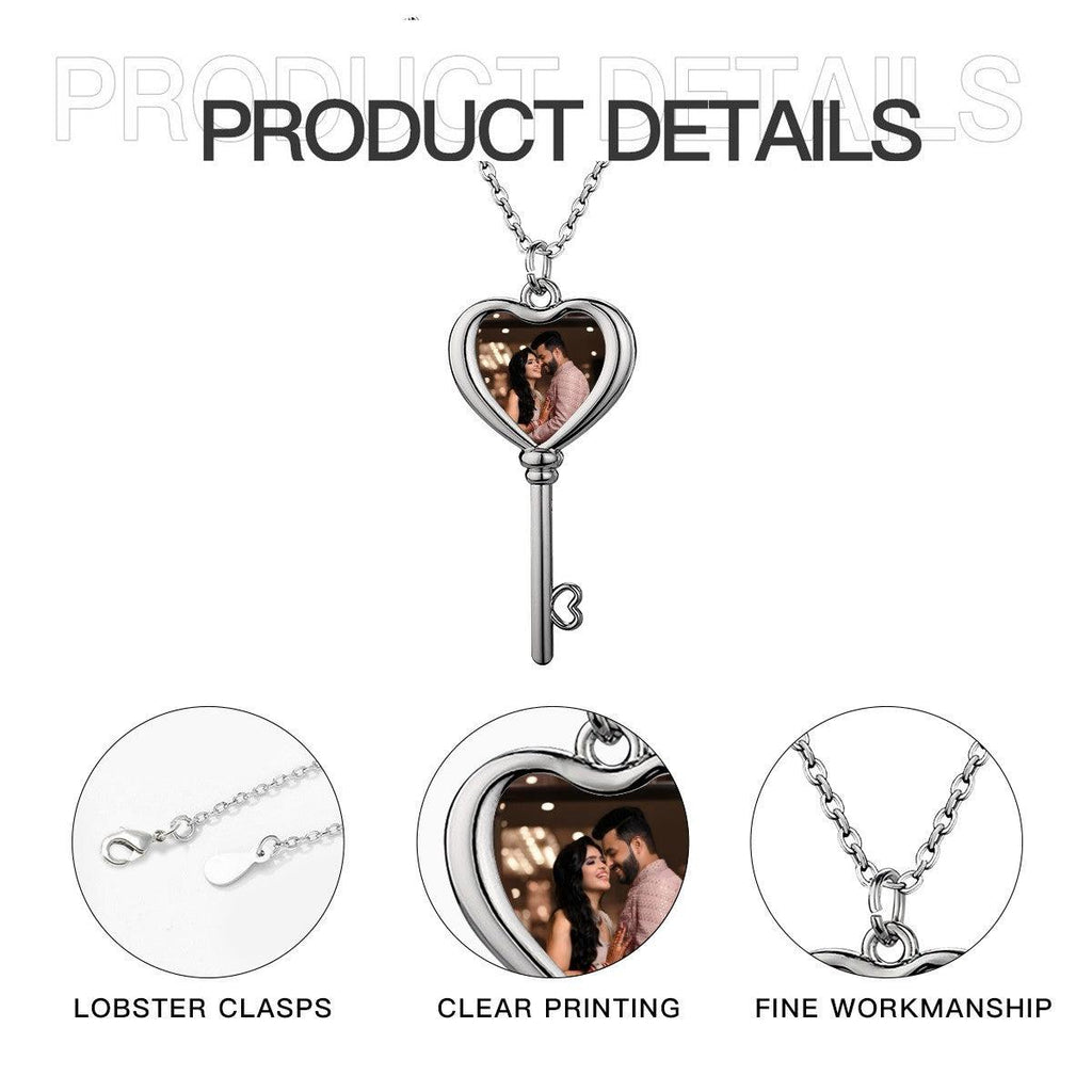Custom Photo Heart Key Necklace – Personalized Key & Heart Pendant | Upload Your Photo