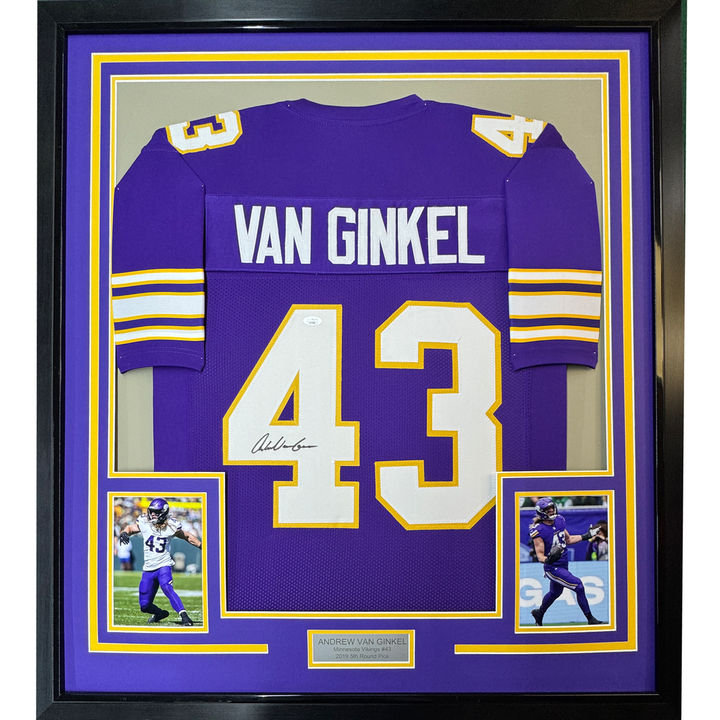 Framed Autographed/Signed Andrew Van Ginkel 35x39 Minnesota Purple Football Jersey JSA COA #2