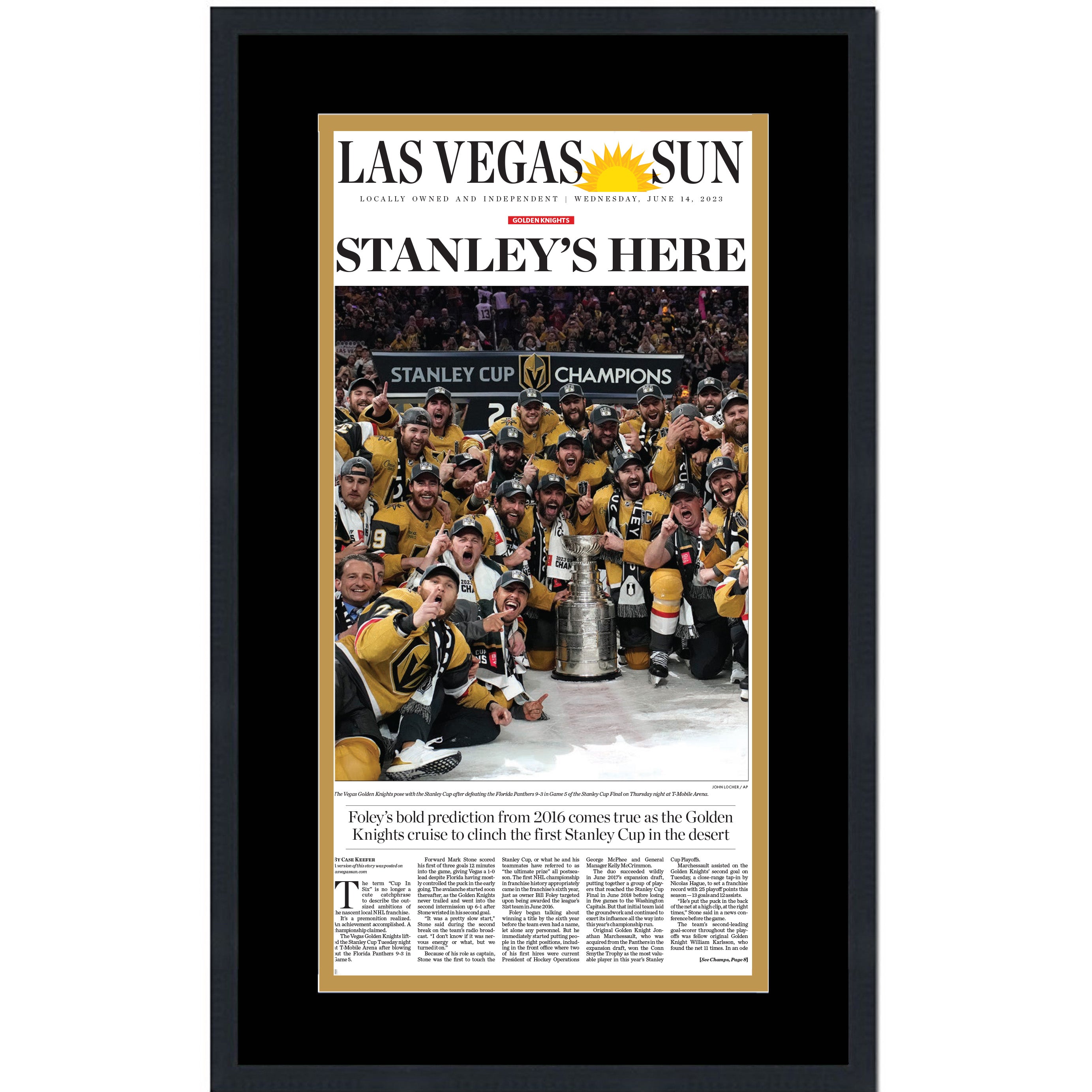 Framed Las Vegas Sun Golden Knights 2023 Stanley Cup Champions 14x24 Hockey Newspaper Cover Photo Professionally Matted V2