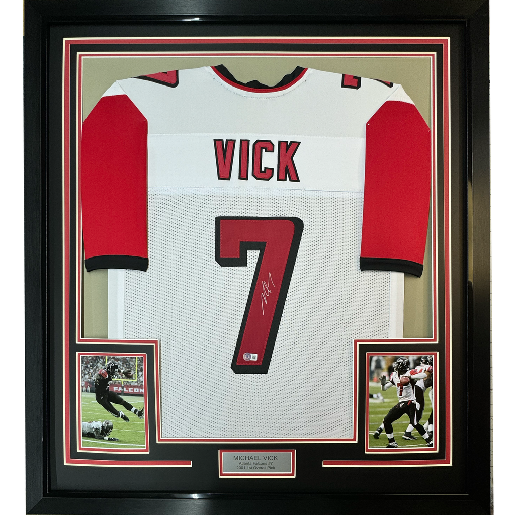 Framed Autographed/Signed Michael Mike Vick 35x39 Atlanta White Football Jersey PSA/DNA COA