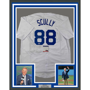 Framed Autographed/Signed Vin Scully 35x39 Los Angeles LA White Baseball Jersey PSA/DNA COA