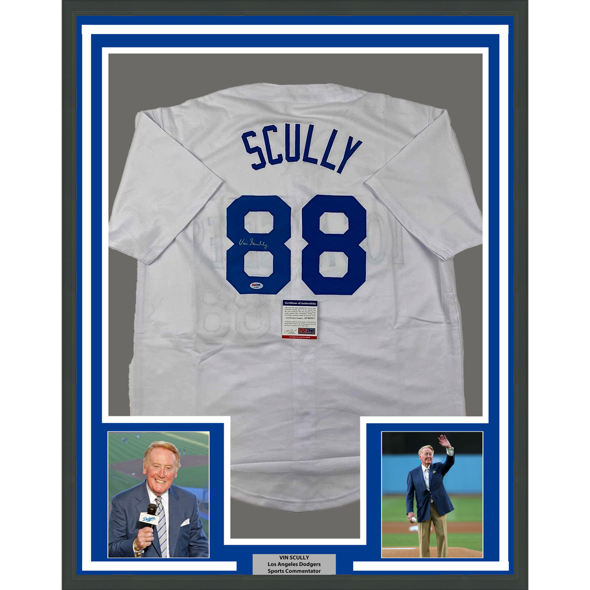 Framed Autographed/Signed Vin Scully 35x39 Los Angeles LA White Baseball Jersey PSA/DNA COA
