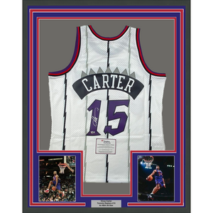 Framed Autographed/Signed Vince Carter 35x39 Toronto Raptors White Authentic Basketball Jersey Fanatics COA