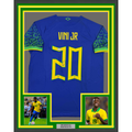 Framed Autographed/Signed Vini Vinicius Jr. 35x39 Brazil Blue Soccer Jersey Beckett BAS COA