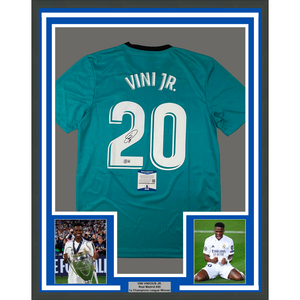 Framed Autographed/Signed Vini Vinicius Jr. 35x39 Real Madrid Teal Soccer Jersey Beckett BAS COA