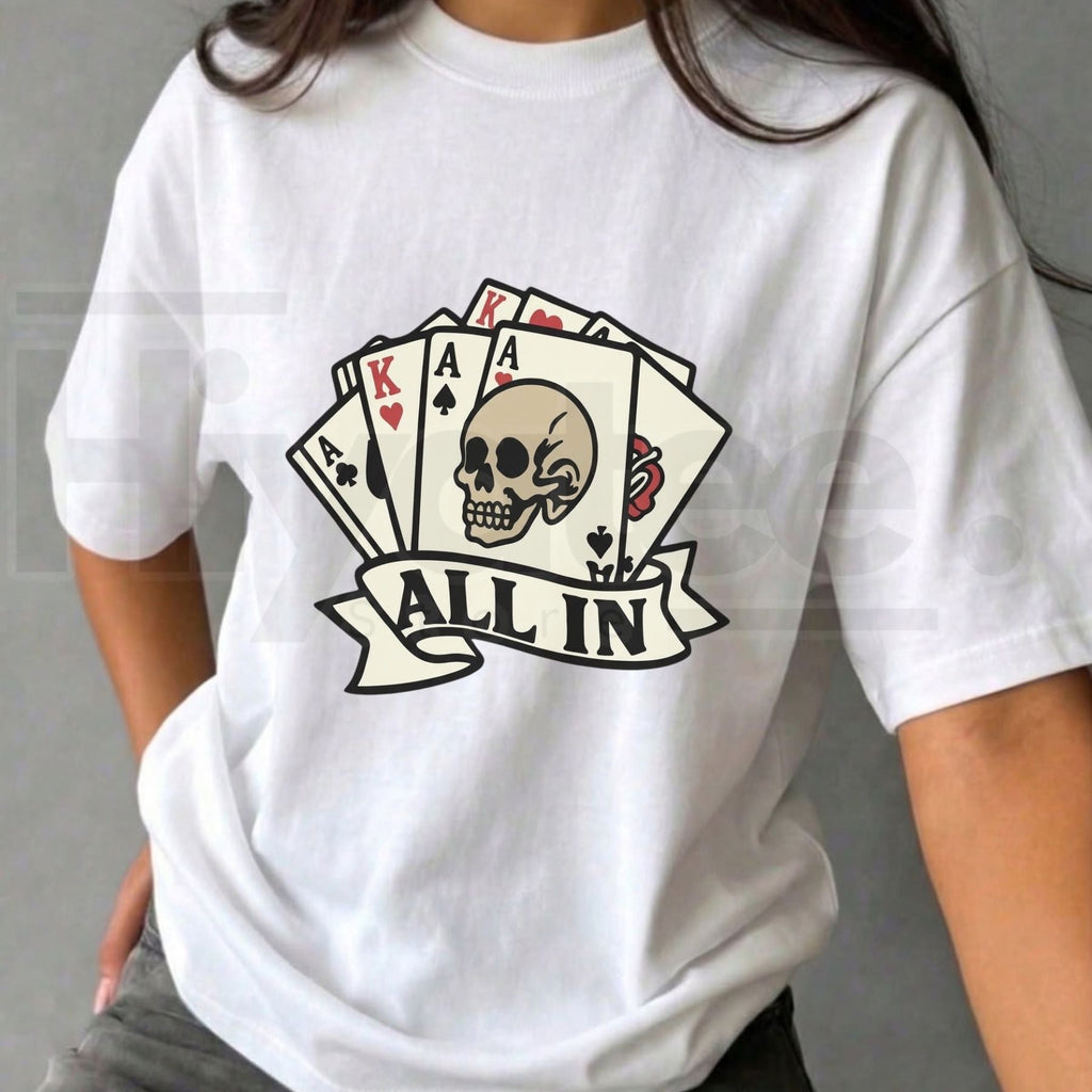 Vintage Tattoo ALL IN Poker Skull T-Shirt – Retro Gambler Streetwear Graphic Tee