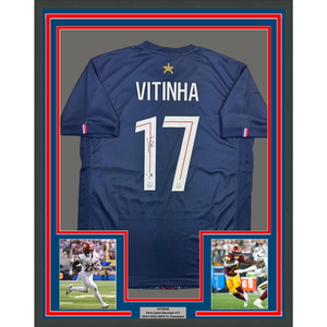 Framed Autographed/Signed Vitinha 35x39 PSG Paris Saint Germain Blue Soccer Futbol Jersey Beckett BAS COA