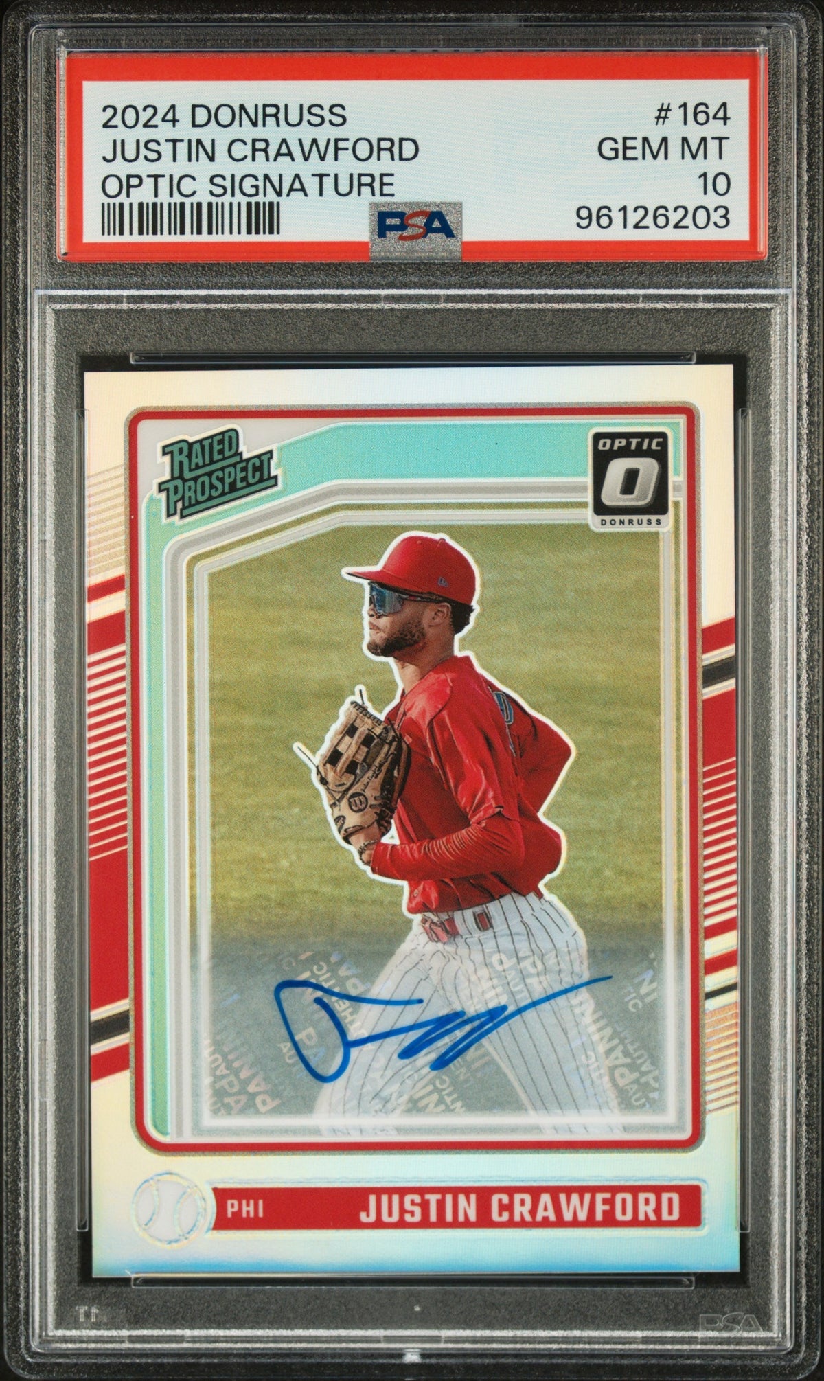 Graded 2024 Panini Donruss Justin Crawford #164 Optic Signature Rookie RC Baseball Card PSA 10 Gem Mint