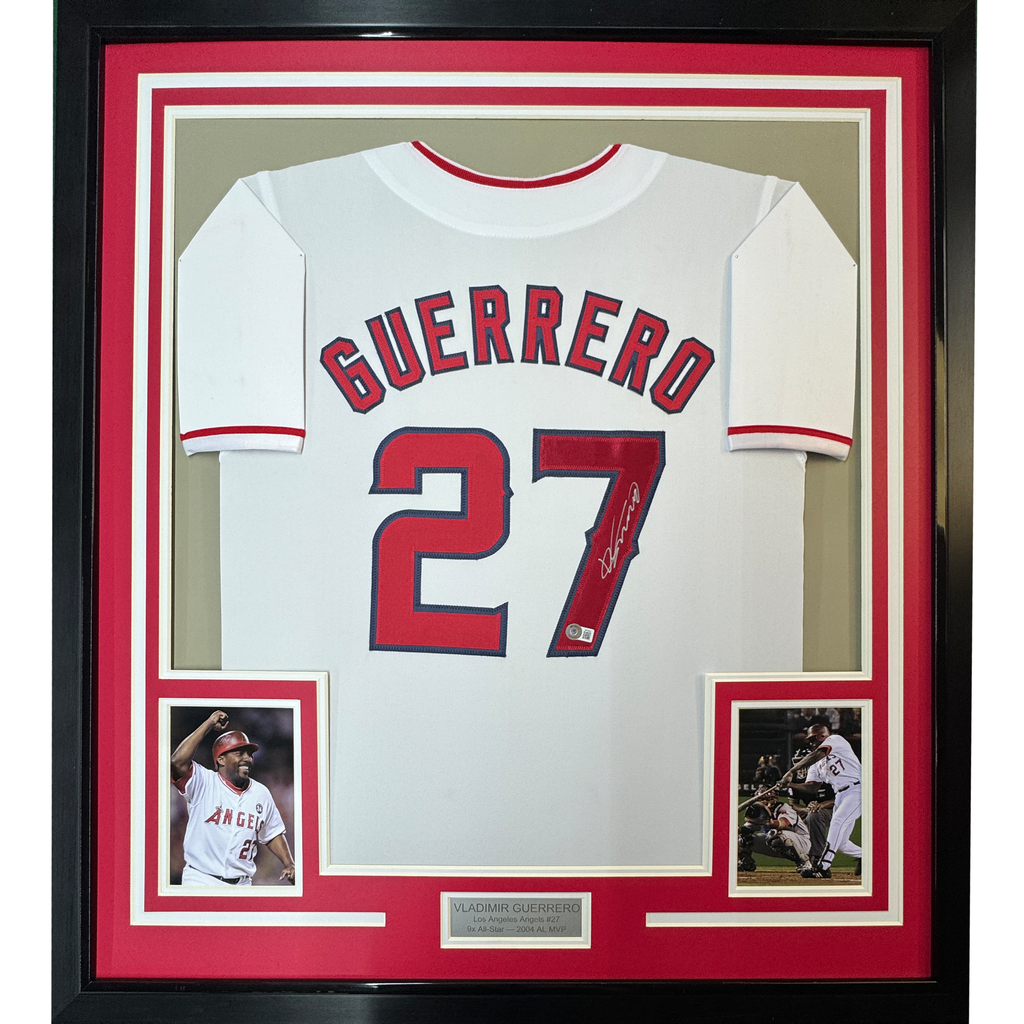 Framed Autographed/Signed Vladimir Vlad Guerrero 35x39 Los Angeles LA Anaheim White Baseball Jersey Beckett BAS COA
