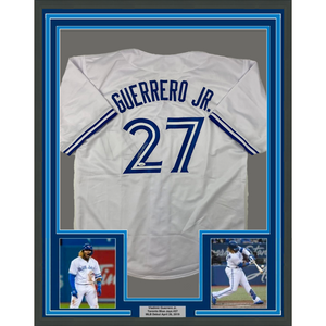 Framed Autographed/Signed Vladimir Vlad Guerrero Jr. 35x39 Toronto White Baseball Jersey JSA COA