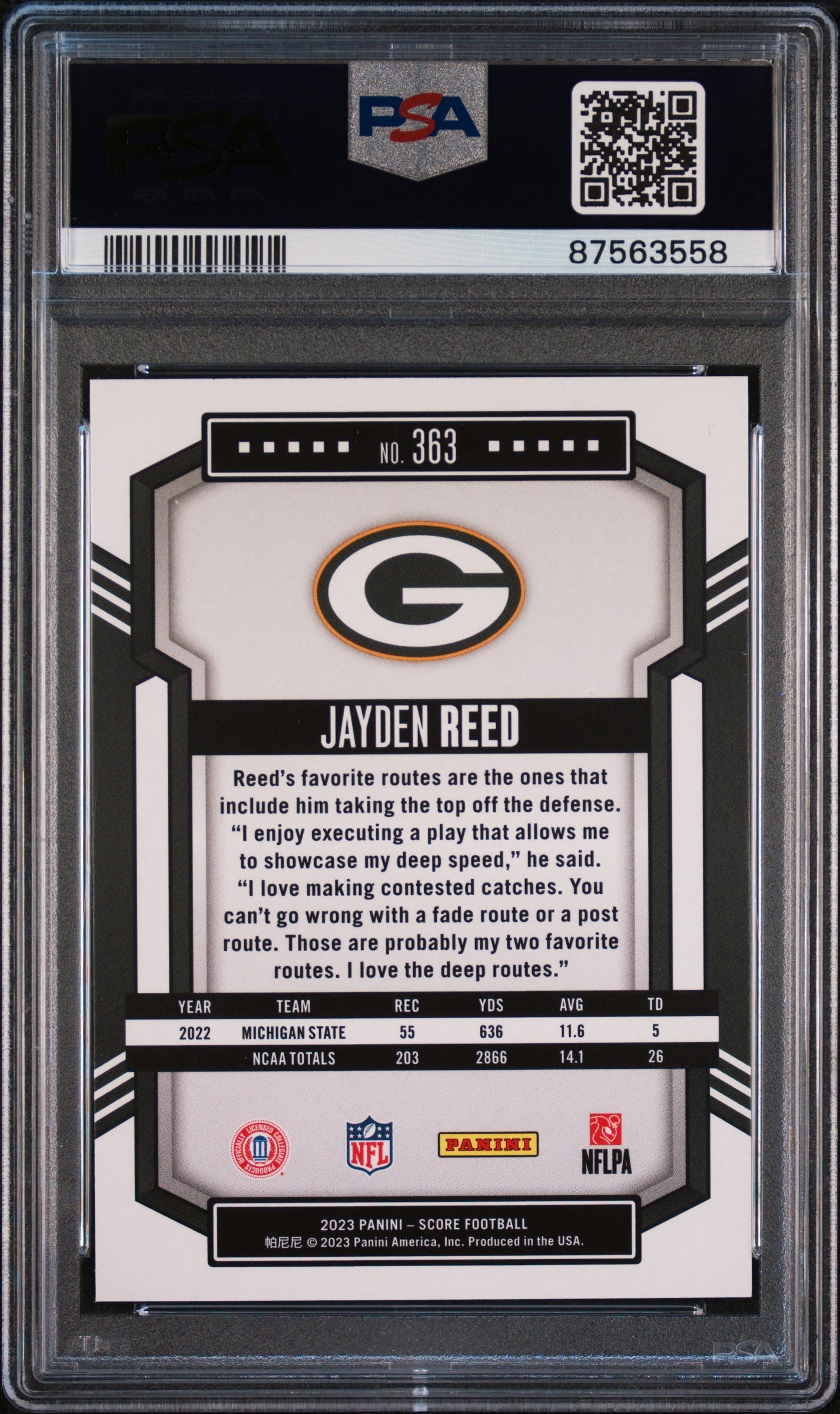 Graded 2023 Panini Score Jayden Reed #363 Rookie RC Football Card PSA 10 Gem Mint