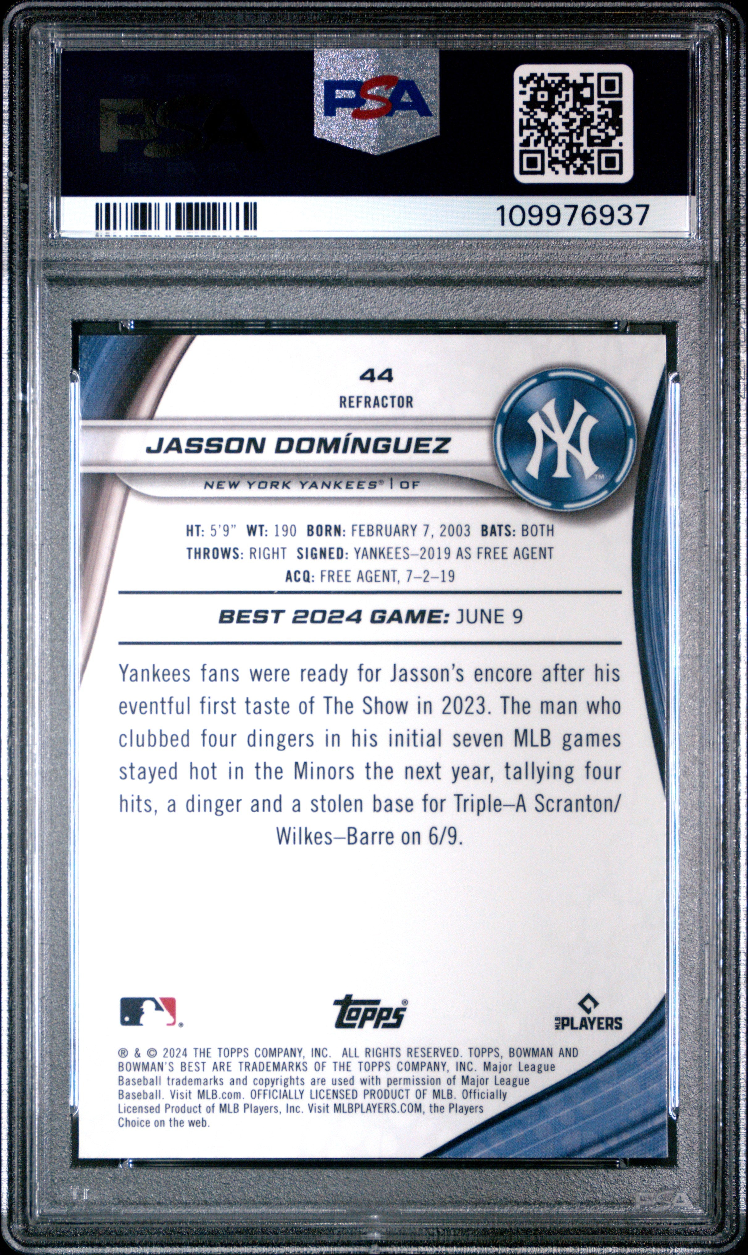 Graded 2024 Topps Bowmans Best Jasson Dominguez #44 Refractor Rookie RC Baseball Card PSA 10 Gem Mint