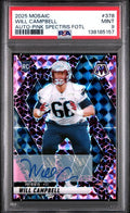 Graded 2025 Panini Mosaic Will Campbell #378 /30 Pink Spectris FOTL Auto Rookie RC Football Card PSA 9 Mint