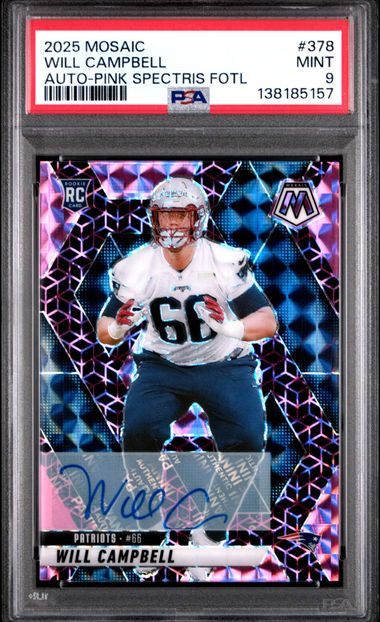 Graded 2025 Panini Mosaic Will Campbell #378 /30 Pink Spectris FOTL Auto Rookie RC Football Card PSA 9 Mint