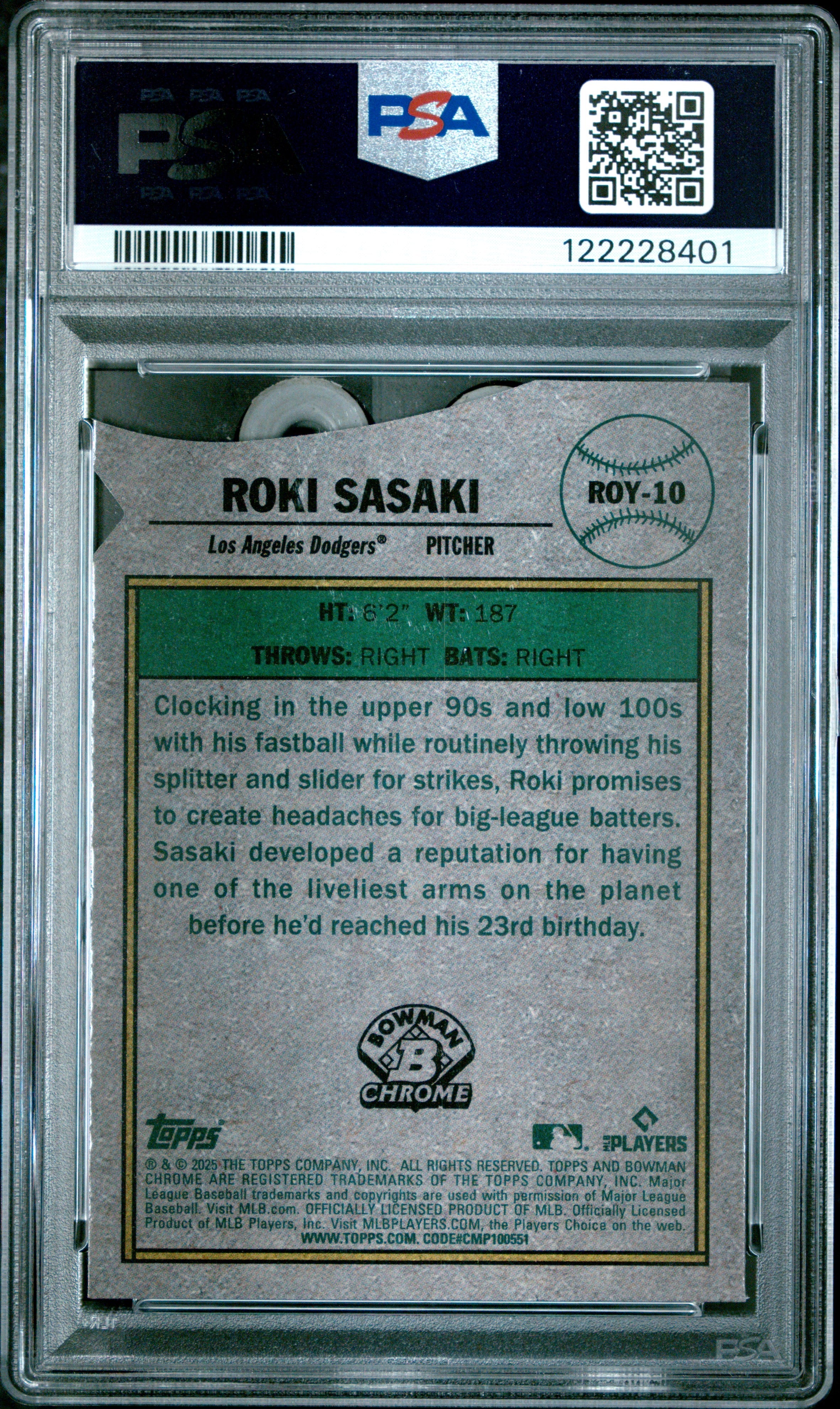 Graded 2025 Topps Bowman Roki Sasaki #ROY10 Rookie of the Year Favorite Rookie RC Baseball Card PSA 9 Mint