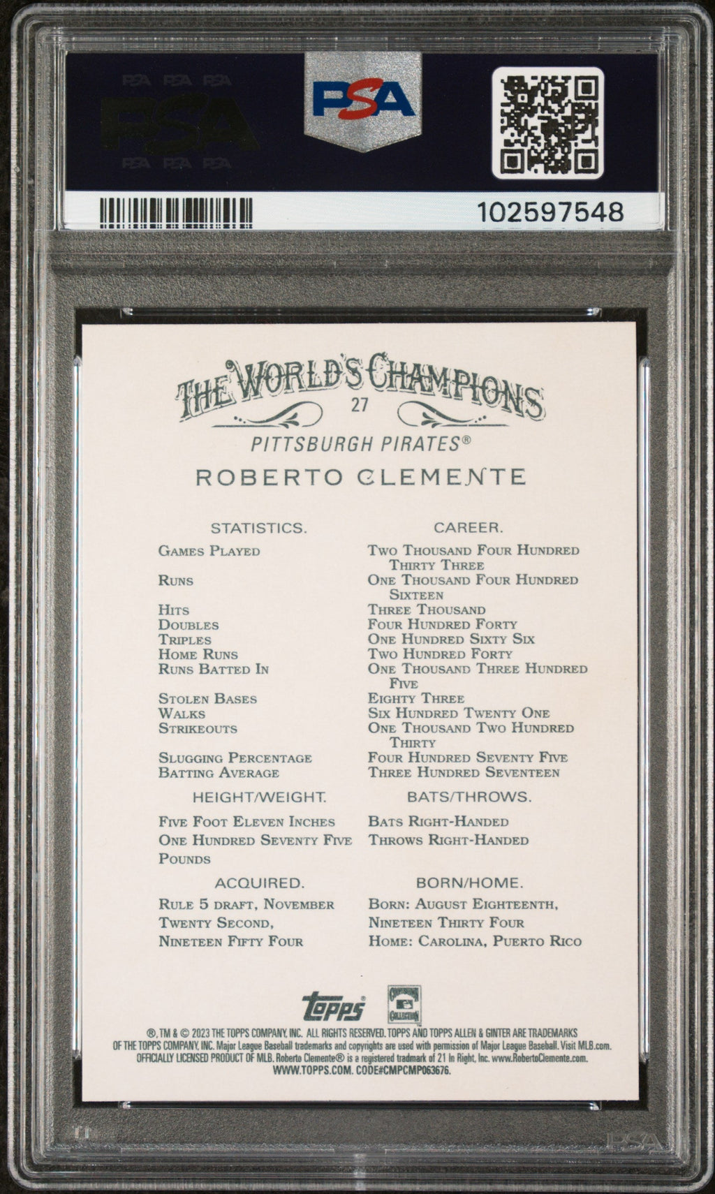 Graded 2023 Topps Allen & Ginter Roberto Clemente #27 Baseball Card PSA 9 Mint