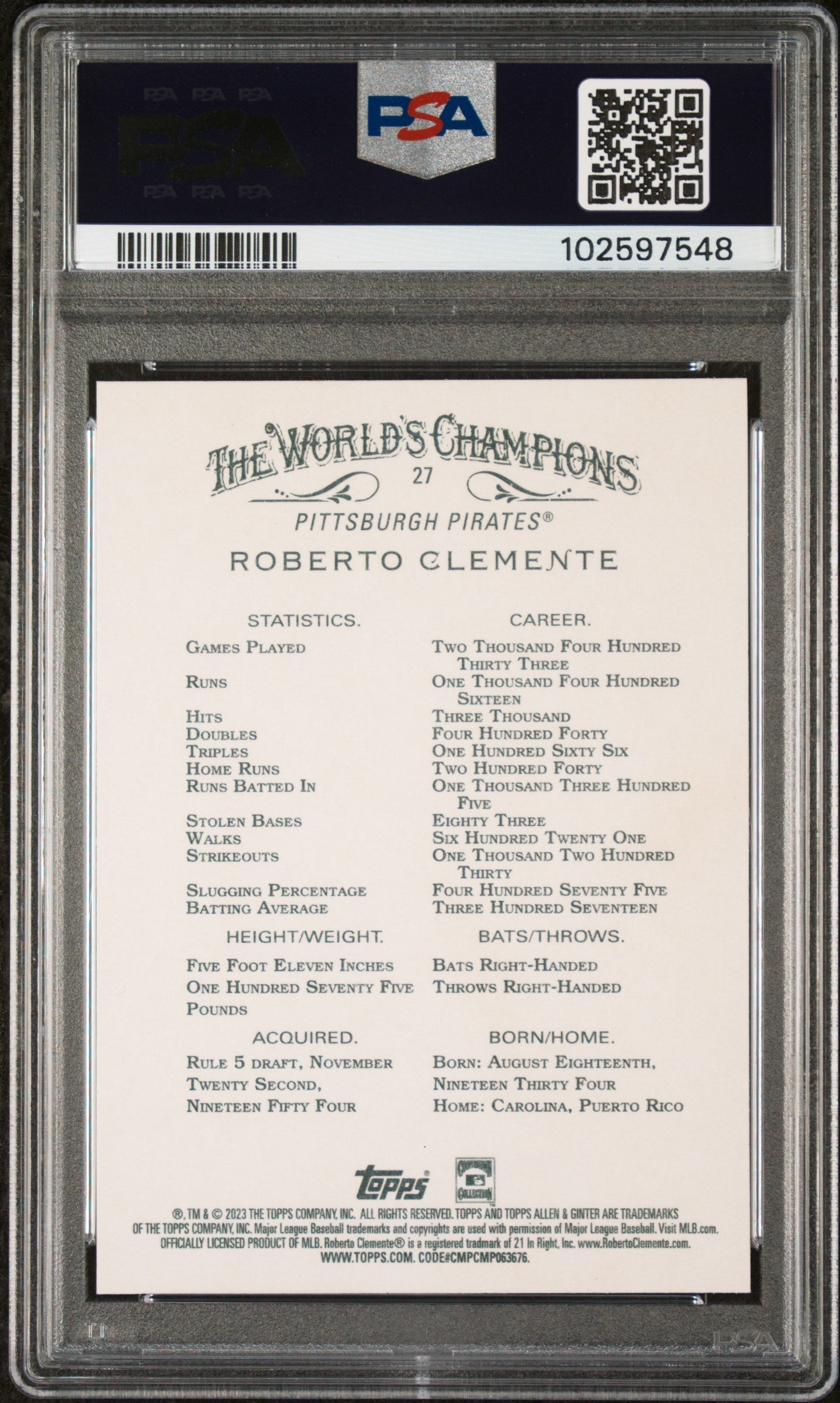 Graded 2023 Topps Allen & Ginter Roberto Clemente #27 Baseball Card PSA 9 Mint