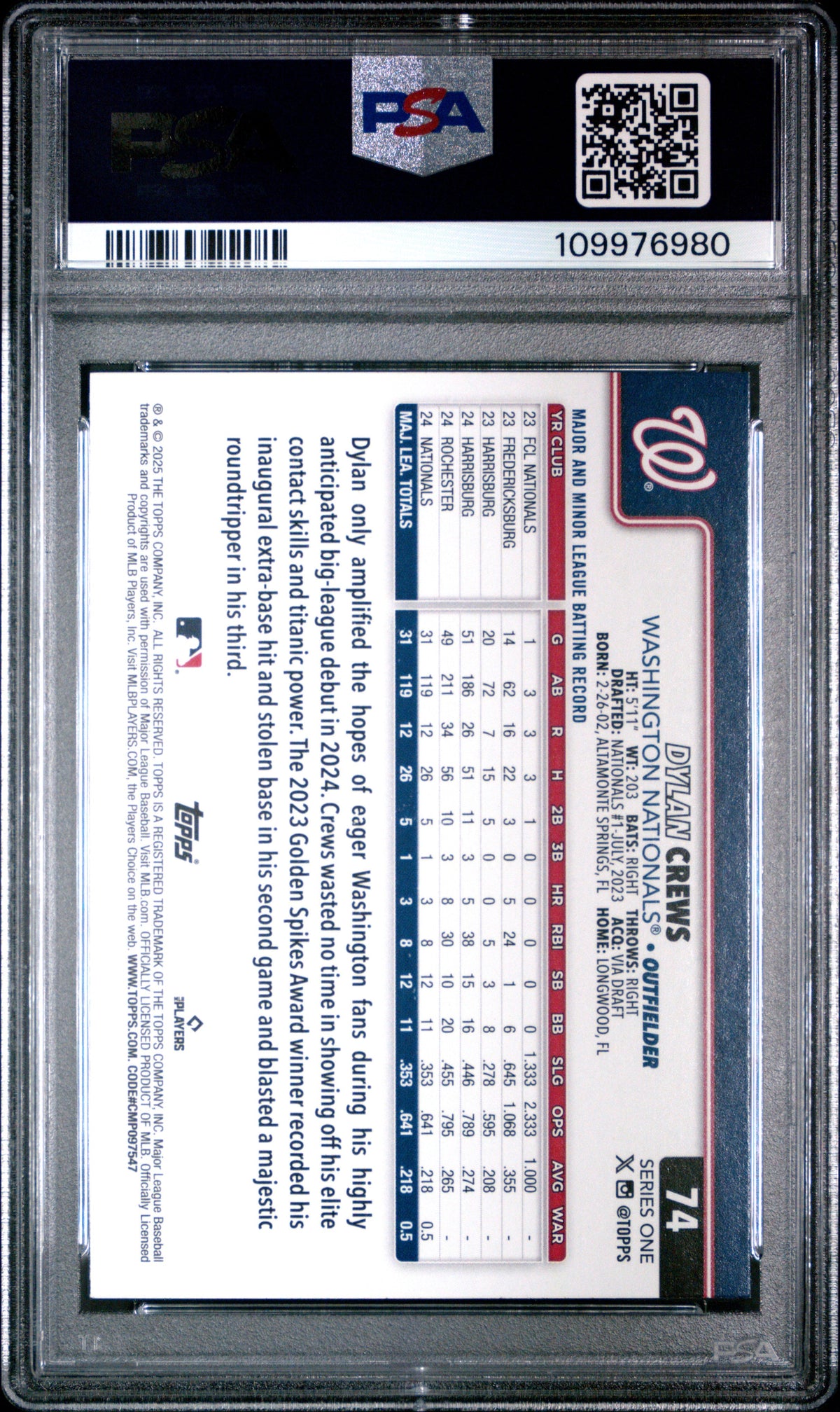 Graded 2025 Topps Dylan Crews #74 Rookie RC Baseball Card PSA 9 Mint