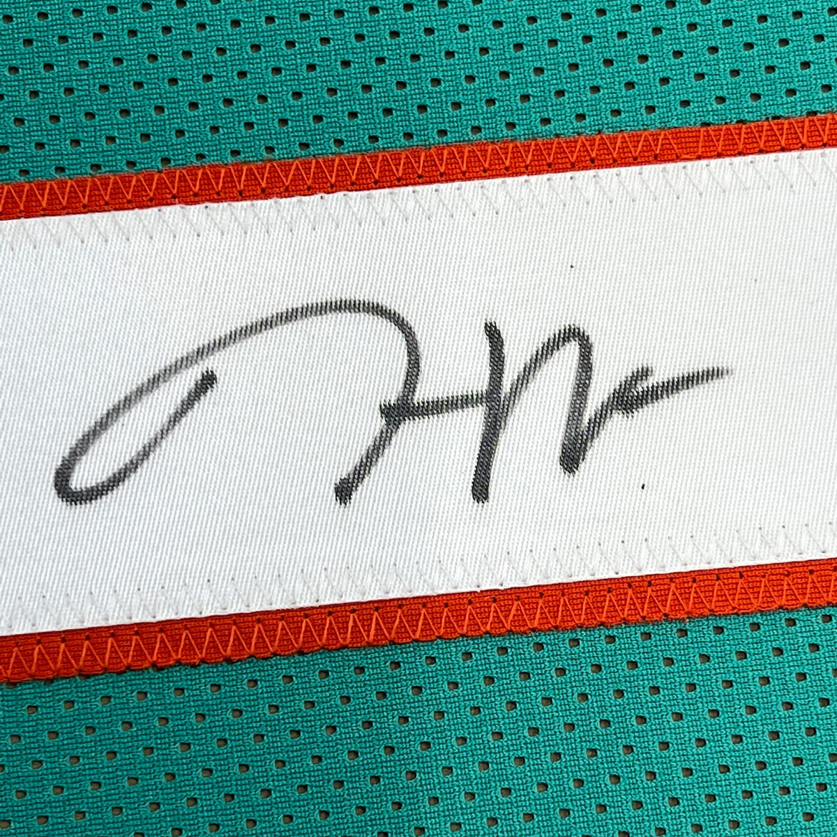 Framed Autographed/Signed Jaylen Waddle 35x39 Miami Teal Football Jersey Beckett BAS COA