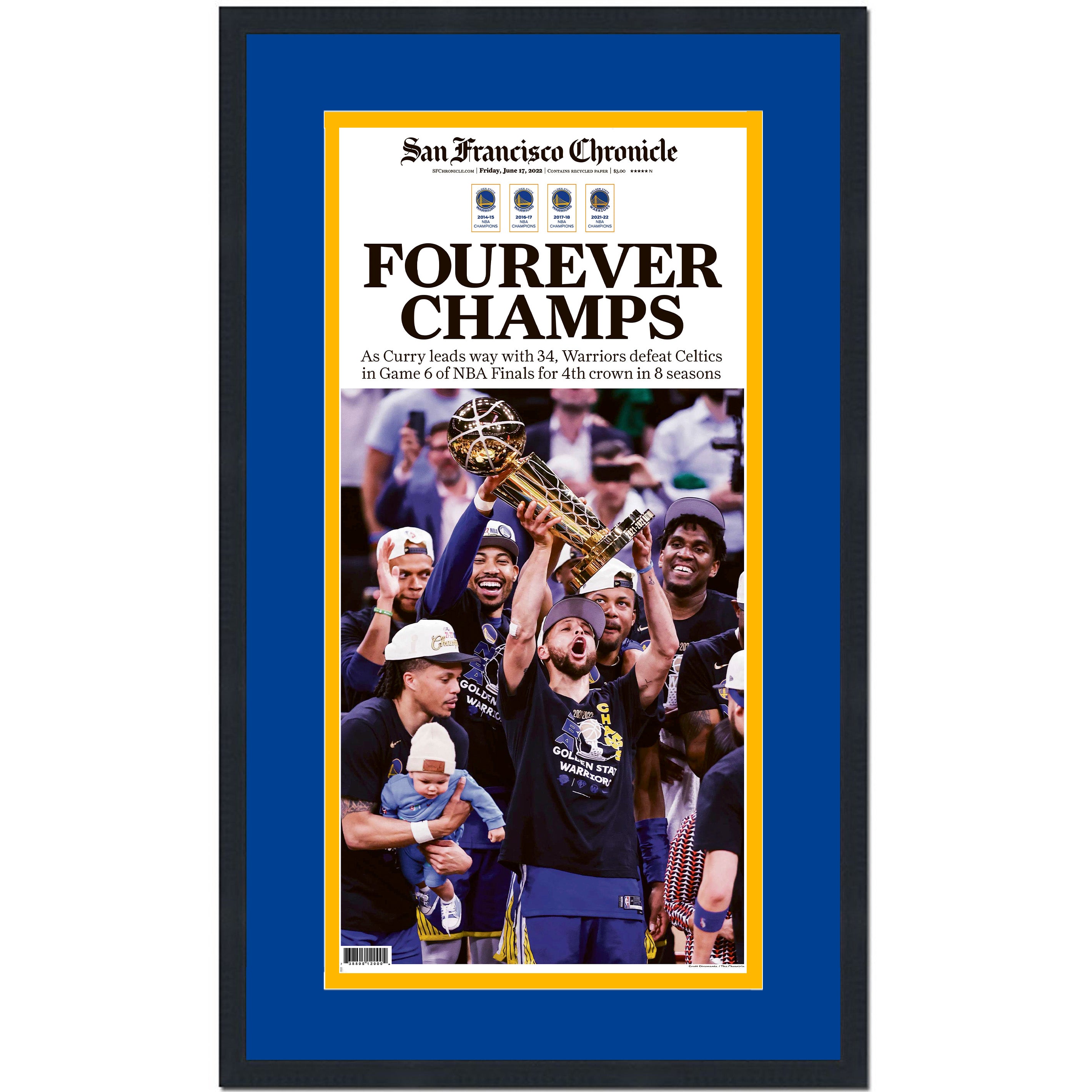 Framed San Francisco Chronicle Golden State Warriors 2022 NBA Finals Champions 17x27 Basketball Newspaper Cover Photo Professionally Matted V1