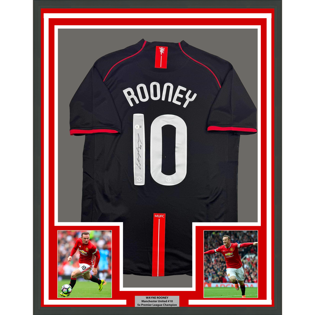 Framed Autographed/Signed Wayne Rooney 35x39 Manchester United Black 2008 Champions League Final Soccer Jersey Beckett BAS COA