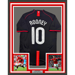 Framed Autographed/Signed Wayne Rooney 35x39 Manchester United Black 2008 Champions League Final Soccer Jersey Beckett BAS COA