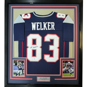 Framed Autographed/Signed Wes Welker 35x39 New England Blue Football Jersey Beckett BAS COA