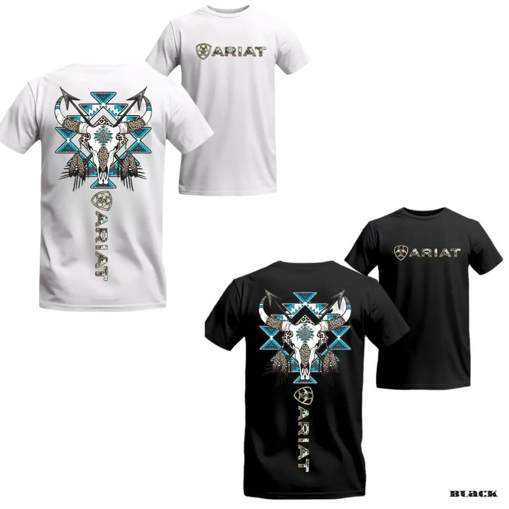 Western Tribal Skull T-Shirt – Bull Skull & Blue Aztec Graphic Tee, Unisex Cotton Shirt