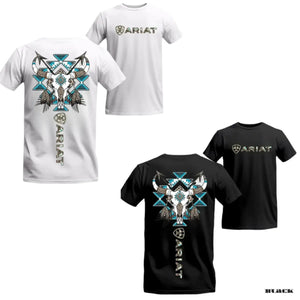 Western Tribal Skull T-Shirt – Bull Skull & Blue Aztec Graphic Tee, Unisex Cotton Shirt