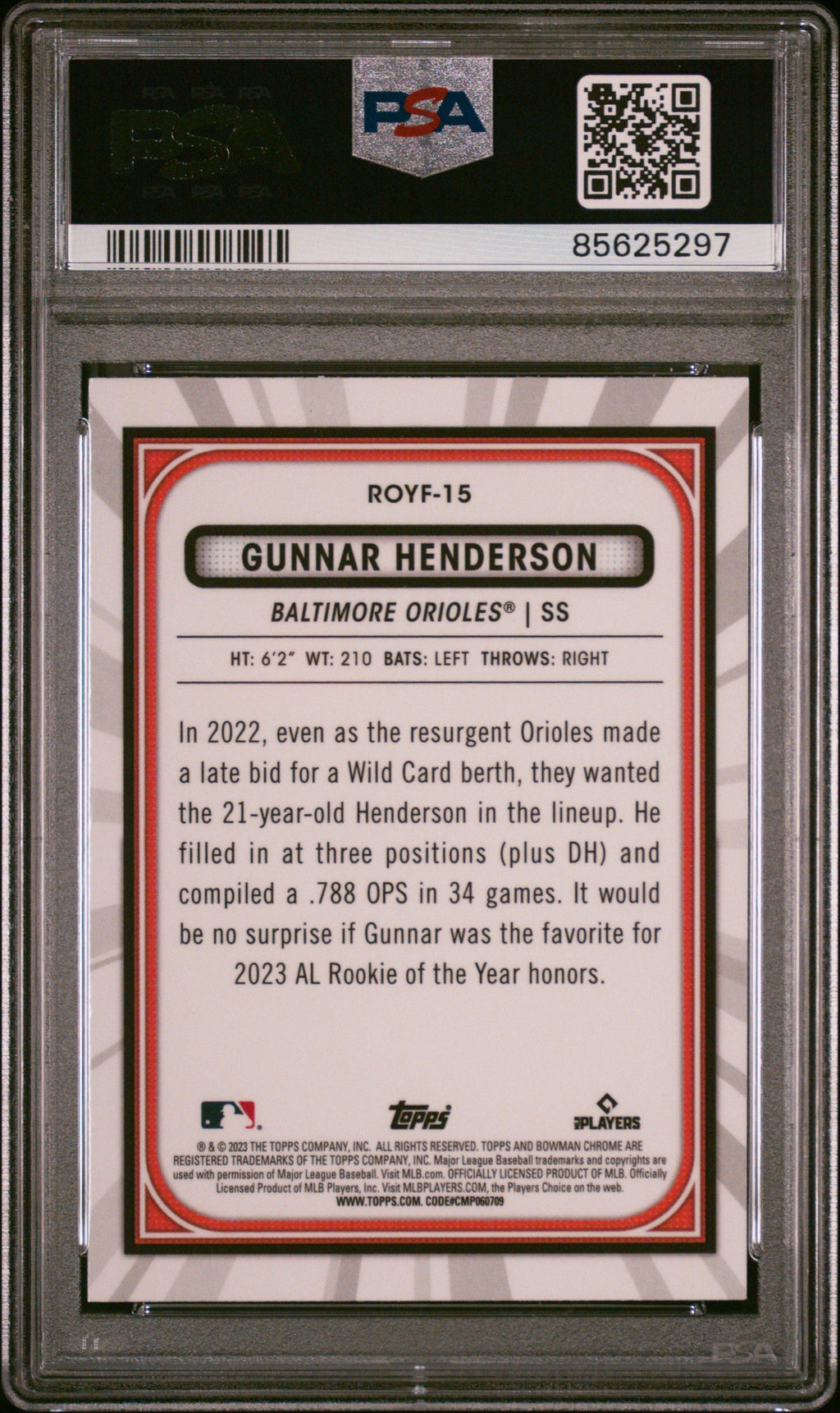Graded 2023 Topps Bowman Gunnar Henderson #ROYF15 Rookie of the Year Favorites Rookie RC Baseball Card PSA 10 Gem Mint
