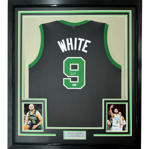 Framed Autographed/Signed Derrick White 35x39 Boston Black Basketball Jersey Beckett BAS COA