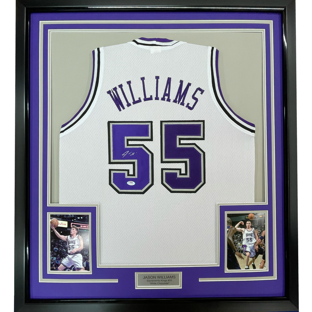 Framed Autographed/Signed Jason Williams 35x39 Sacramento White Basketball Jersey PSA/DNA COA