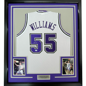Framed Autographed/Signed Jason Williams 35x39 Sacramento White Basketball Jersey PSA/DNA COA