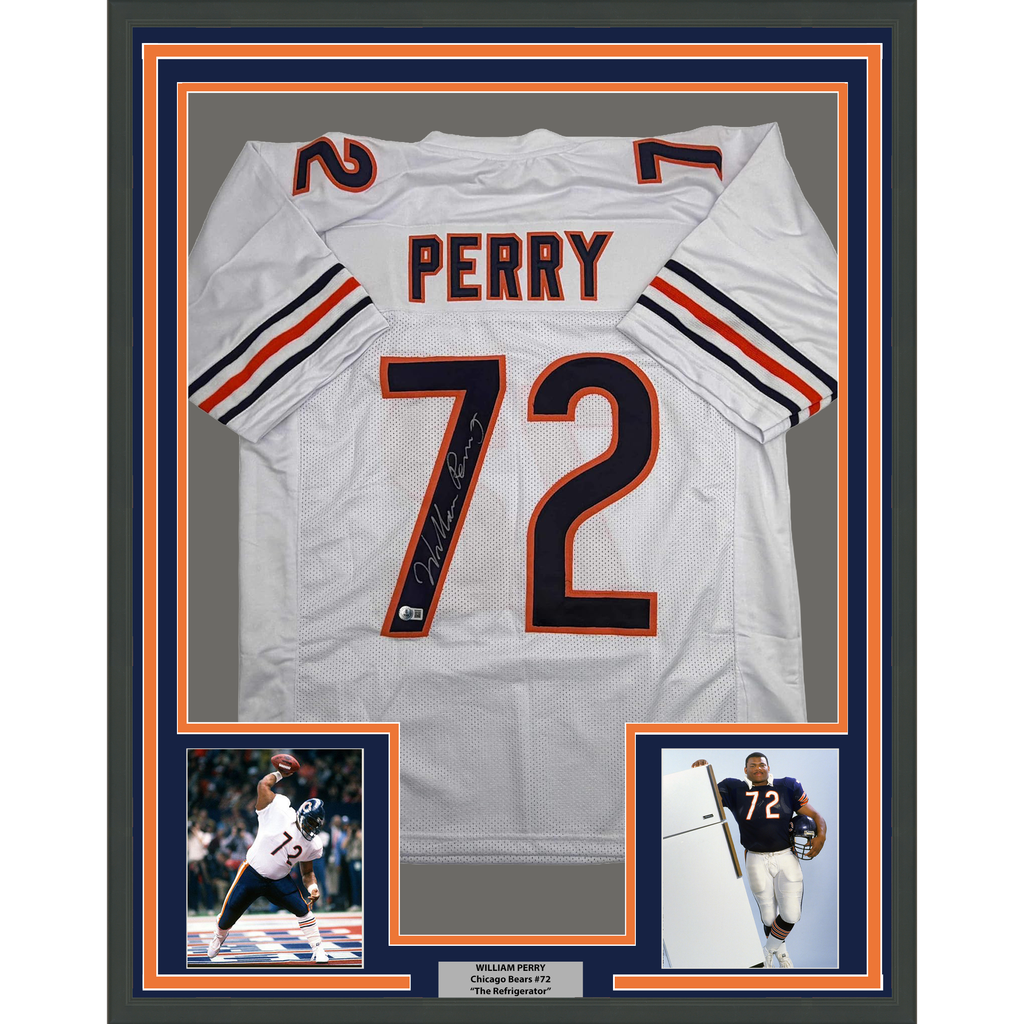 Framed Autographed/Signed William Perry The Refrigerator 35x39 Chicago White Football Jersey Beckett BAS COA