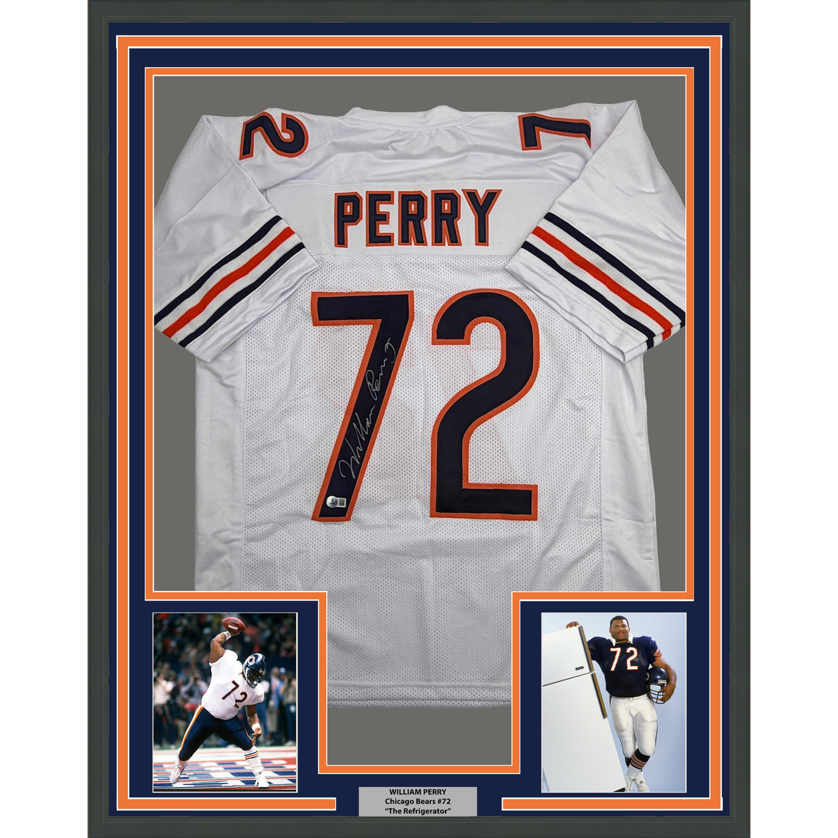 Framed Autographed/Signed William Perry The Refrigerator 35x39 Chicago White Football Jersey Beckett BAS COA