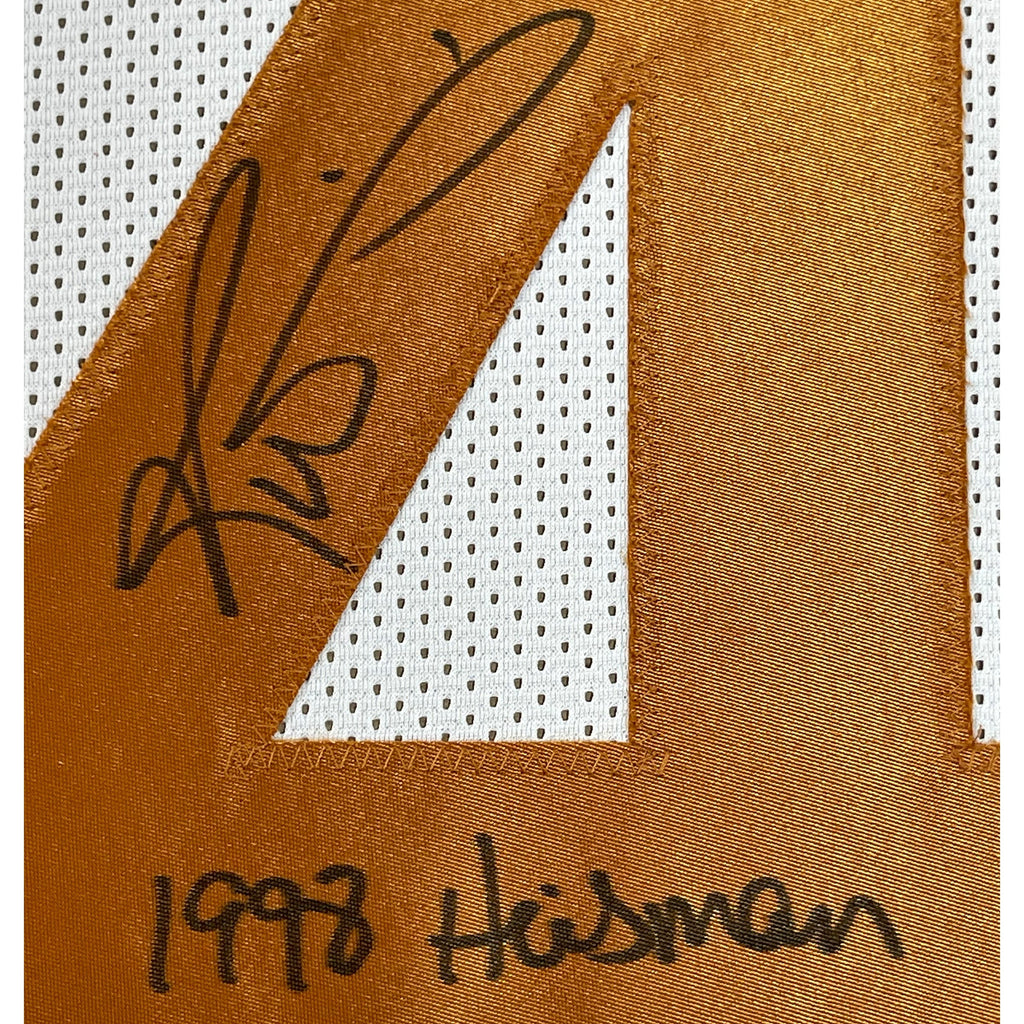 Framed Autographed/Signed Ricky Williams 35x39 1998 Heisman Texas Longhorns White Football Jersey JSA COA