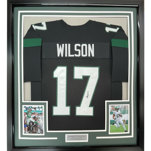 Framed Autographed/Signed Garrett Wilson 35x39 New York Black Football Jersey JSA COA